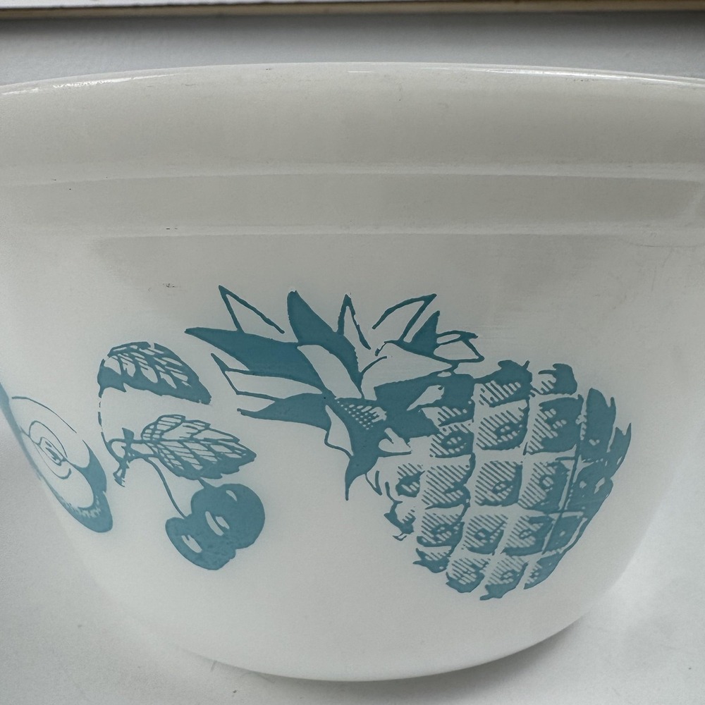 Vintage Federal Glass White Mixing Bowl Blue Fruit Nature Print Milk Glass USA - Picture 11 of 15